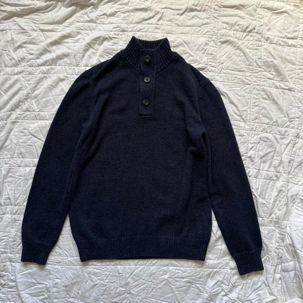 American Eagle Blue mock neck knit sweater sz M quarter button old money‎ preppy